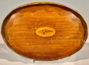 An Edwardian Sheraton Revival mahogany and marquetry oval waiter, c.1905