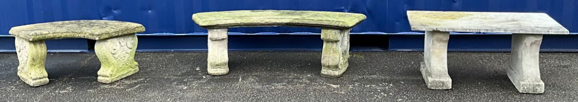 A marble and reconstituted garden bench, 42cm high, 91.5cm wide, 48cm deep; others, reconstituted