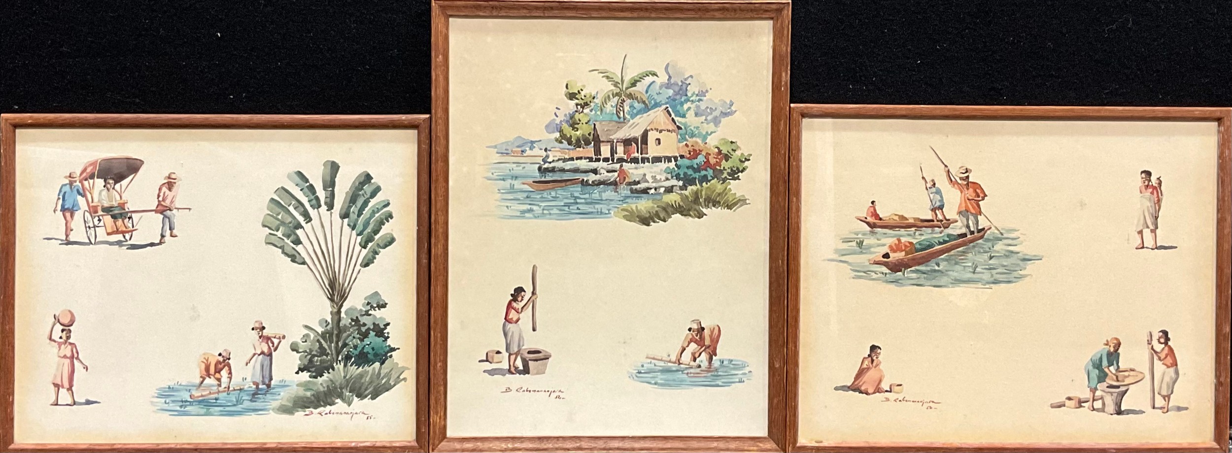 B. Rabemananjara a set of three, scenes of everyday life signed, watercolours, 24cm x 31.5cm