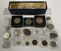 Coins and medallions – blue cardboard box including Sheffield WM medallion 1875 Royal Visit;