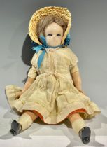 Toys & Juvenalia - a wax over composition shoulder head doll, the head inset with fixed blue glass