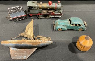 Toys & Juvenalia - an early 20th century 0-4-0 live steam locomotive and associated four wheel