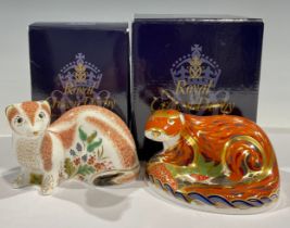 A Royal Crown Derby paperweight, Otter, gold stopper, printed mark in gold, boxed; another, Stoat,