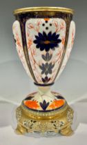 Ceramics - a pedestal vase decorated with the Royal Crown Derby Imari palette, brass chinoiserie