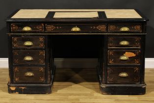 A late Victorian ebonised and marquetry twin pedestal desk, rounded rectangular top with inset