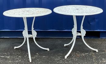 A pair of 19th century style cast aluminium garden tables, 64cm high, 69cm diameter (2)