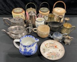 Four 19th century biscuit barrels; Victorian EPBM tea ware; etc, predominantly 19th century to 1900