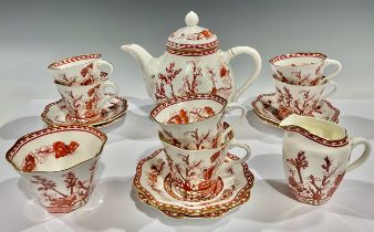 A Coalport Indian Tree Coral pattern teapot, milk jug and sugar bowl, six teacups and saucers