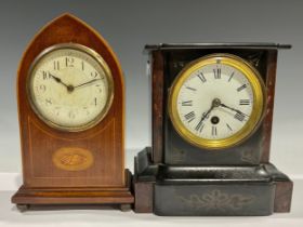 An Edwardian mahogany lancet mantel clock, outlined with boxwood stringing, Arabic numerals, ball