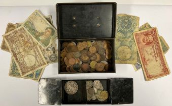 Coins and banknotes - a silver crown 1892; three penny pieces; foreign coins and banknotes