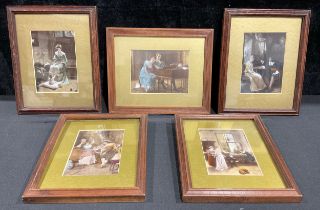 A collection of five Edwardian glass pictures, printed and painted with 19th century art,