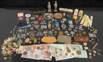 Boxes and Objects - medals and badges; silver plated military figures; copper counter dish, embossed