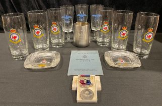 A Royal Air Force (RAF) certificate of service; six RAF Second Tactical pint glasses; a stainless