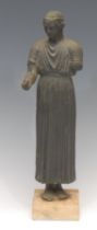 A museum type electrotype facsimile, the Charioteer of Delphi, after the antique, alabaster base,