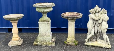 A reconstituted stone campana garden urn and plinth, 84cm high overall, 47cm diameter; a garden