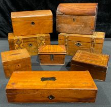 A Victorian walnut and parquetry rectangular tea caddy, 20cm wide, c.1860; another similar; a dome