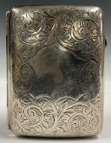 A silver cigar case, engraved and chased with foliate scrolls, vacant cartouche to centre