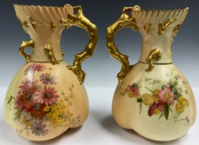 A near pair of Royal Worcester lobed ovoid jugs, printed and painted with colourful summer flowers