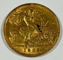 A gold half sovereign, 1908