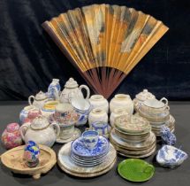 A large Chinese fan, painted with cranes on a gilt ground, 60cm long; a 19th century Chinese