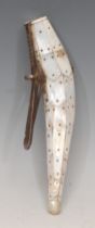 An Indian mother of pearl shot flask, sprung mechanism, Gujarat, 21.5cm long