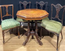A late Victorian walnut and marquetry octagonal centre table, turned supports, 74cm high, 73.5cm