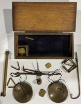 A set of 19th century steel and brass gold balance sales, oak box