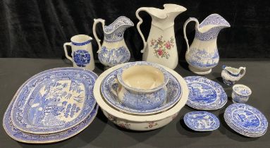 A 19th century blue and white wash jug and bowl; another, Edwardian; 19th century and later blue and