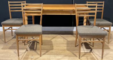A set of four mid century teak Meredew Furniture ladder back dining chairs, stuffed wool