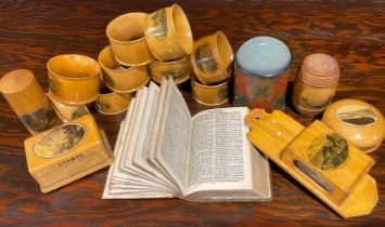 Treen - a collection of Scottish Mauchline ware, napkin rings; a box; a book; a box, Cape Town [
