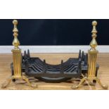 An Adam design brass and cast iron fire basket, the andirons 36cm high, 52cm wide including andirons