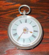 A Swiss silver fob watch, the dial with mint enamel chapter, c.1890