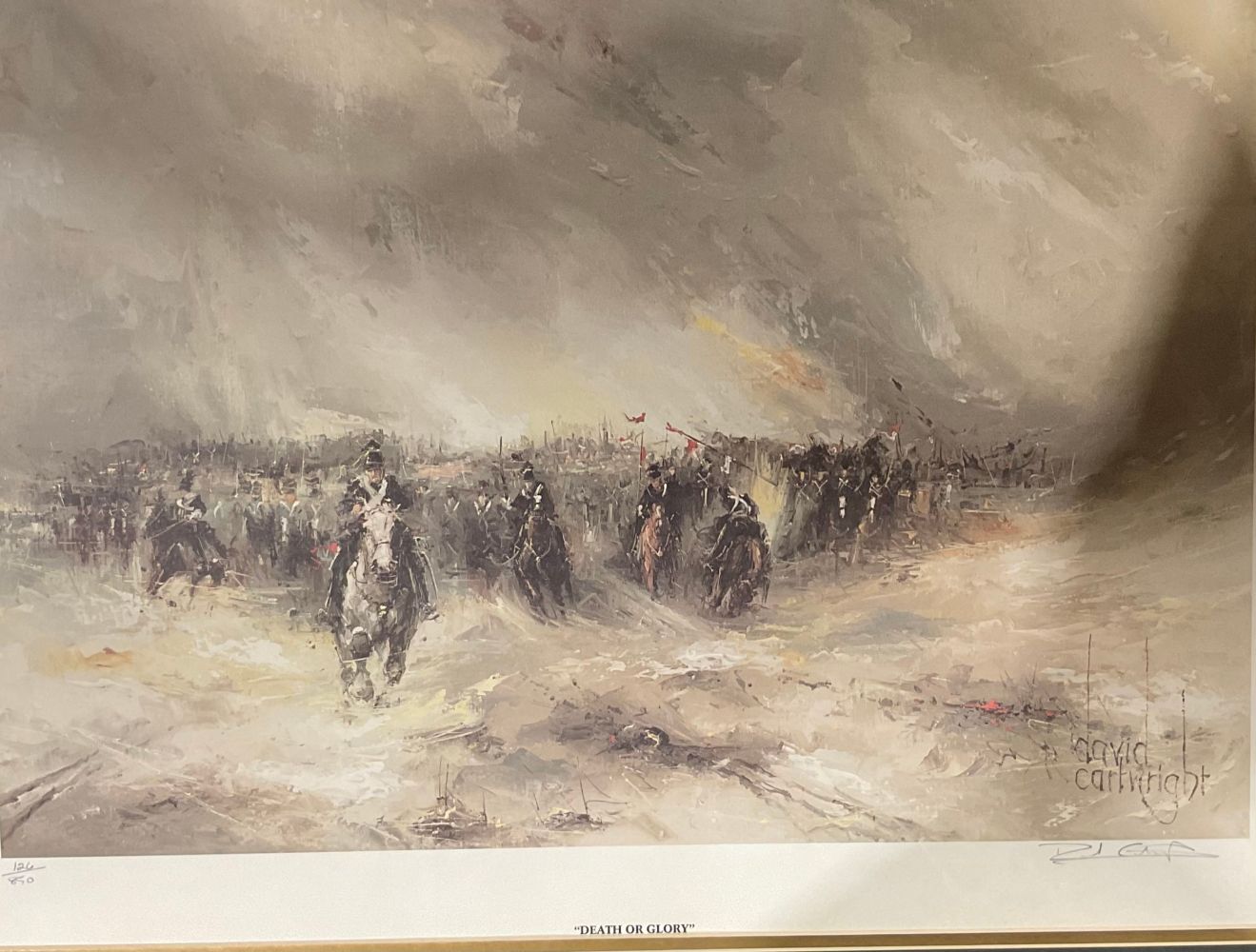 Pictures and Prints - John Bampfield, Into Battle, signed, oil on canvas, 50cm x 75cm; David - Image 3 of 5