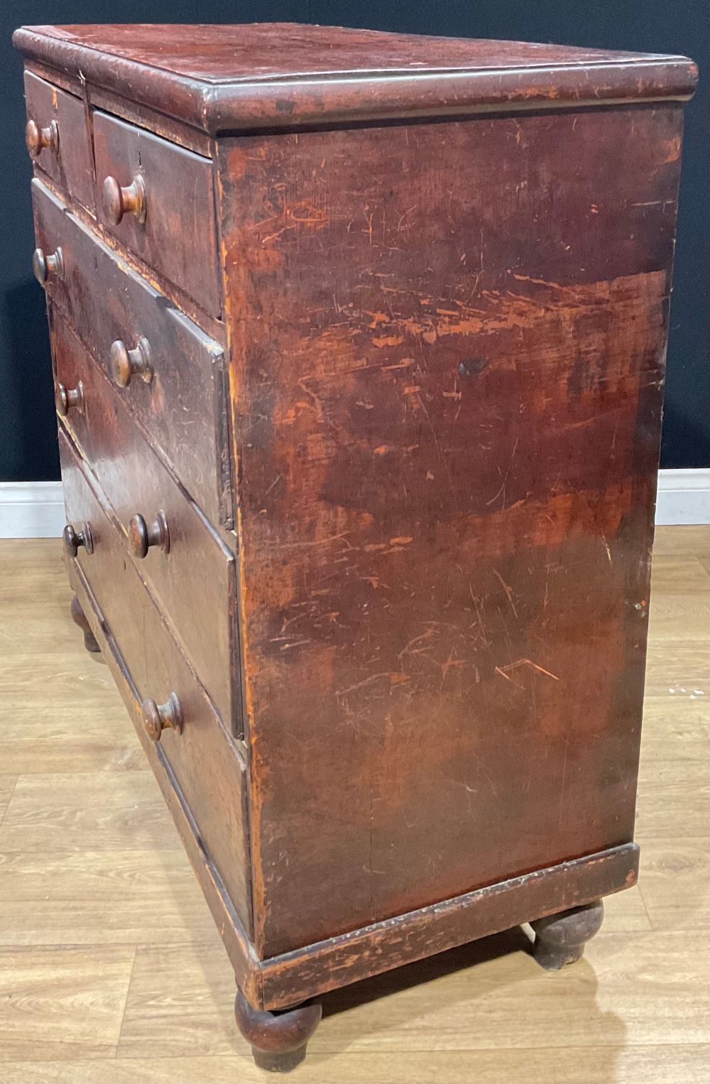 A Victorian pine chest, of two short and three long drawers, 104cm high, 105cm wide, 46cm deep - Image 2 of 3