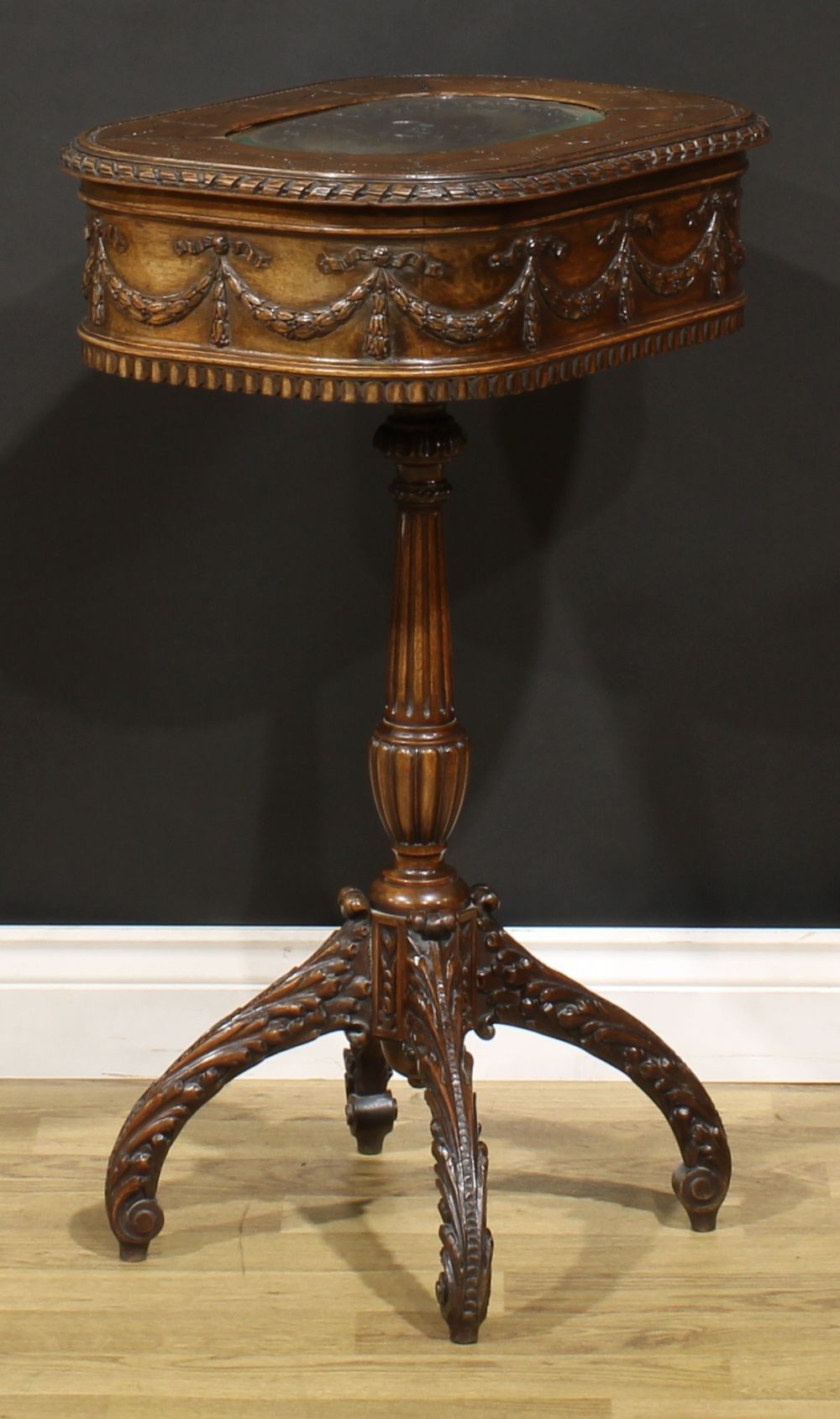 An Adam Revival mahogany work table, hinged top above a deep frieze carved and applied with ribbon- - Image 2 of 5