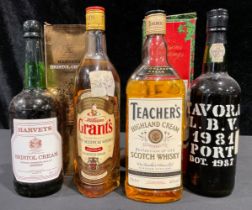 A bottle of Teacher's Highland Cream, boxed; others, Tavora Port 1981; Grant's Scotch whisky;