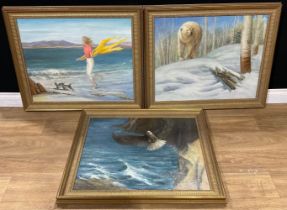 Pictures and Prints - Carmel Cauchi, a pair, Bald Eagle and Polar Bear, signed, dated 1991, oil on