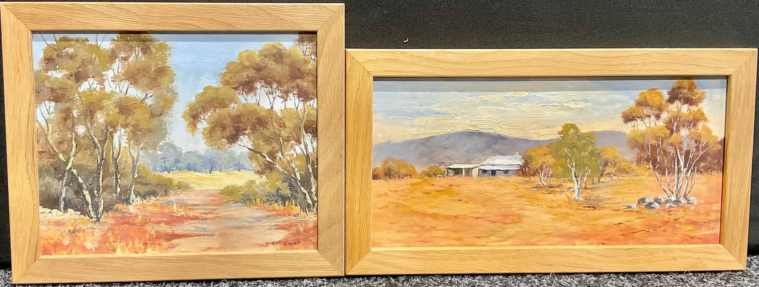 J Schirmer, 1911 A pair Sheep Station and Gum Trees signed, oils on canvas