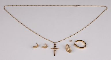 A 9ct gold crucifix pendant and chain, marked 375; a pair of 9ct gold earrings; etc; 5g