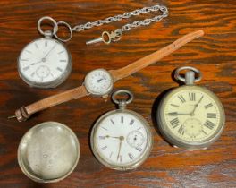 An early 20th century silver wristwatch; various pocket watches (4)