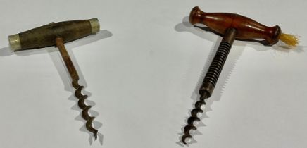 Helixophilia - a steel corkscrew, mahogany handle, with brush, 18cm long; another steel corkscrew (