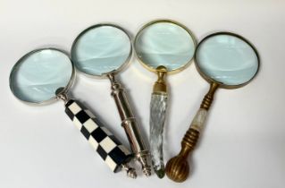 A group of four magnifying glasses, various, chequered pattern, mother of pearl, cut glass, etc,