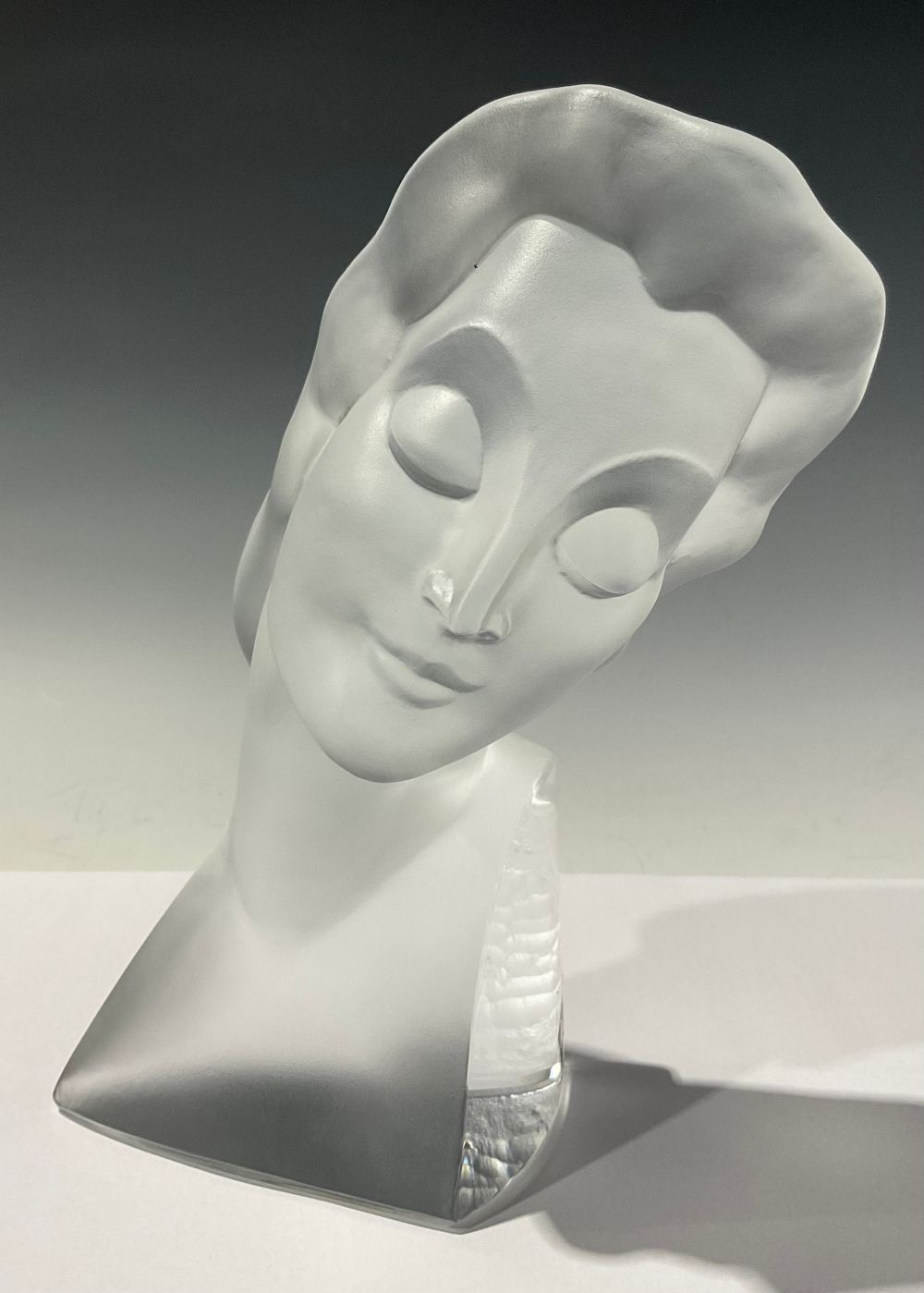 A Desna, Czech Republic, Art Deco style pale clear frosted glass bust, of a lady, 21cm high, late
