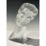 A Desna, Czech Republic, Art Deco style pale clear frosted glass bust, of a lady, 21cm high, late