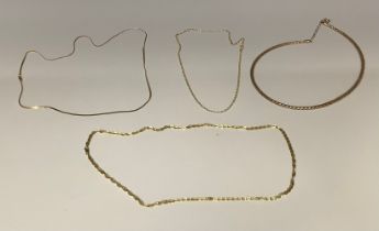 An Italian 9ct gold tubular necklace, marked 375, 4.6g; three other 9ct gold necklaces, marked