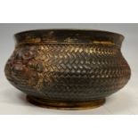 A Chinese bronze censer, lion mask handles, character marks to base, approx. 21cm wide over handles,