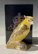 A Royal Crown Derby paperweight, Citron Cockatoo, gold stopper, 15cm, printed mark, boxed