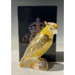 A Royal Crown Derby paperweight, Citron Cockatoo, gold stopper, 15cm, printed mark, boxed