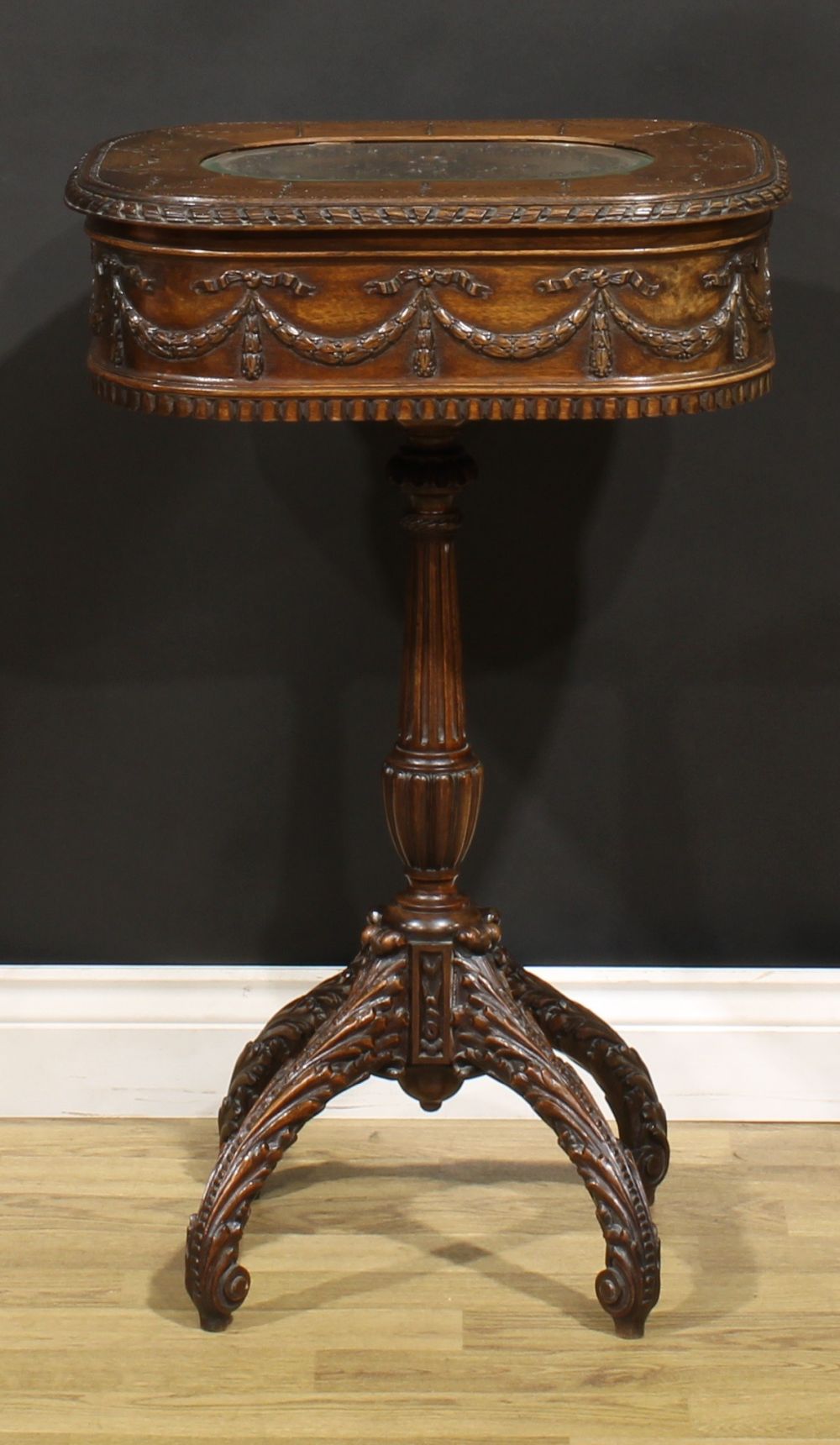 An Adam Revival mahogany work table, hinged top above a deep frieze carved and applied with ribbon- - Image 5 of 5