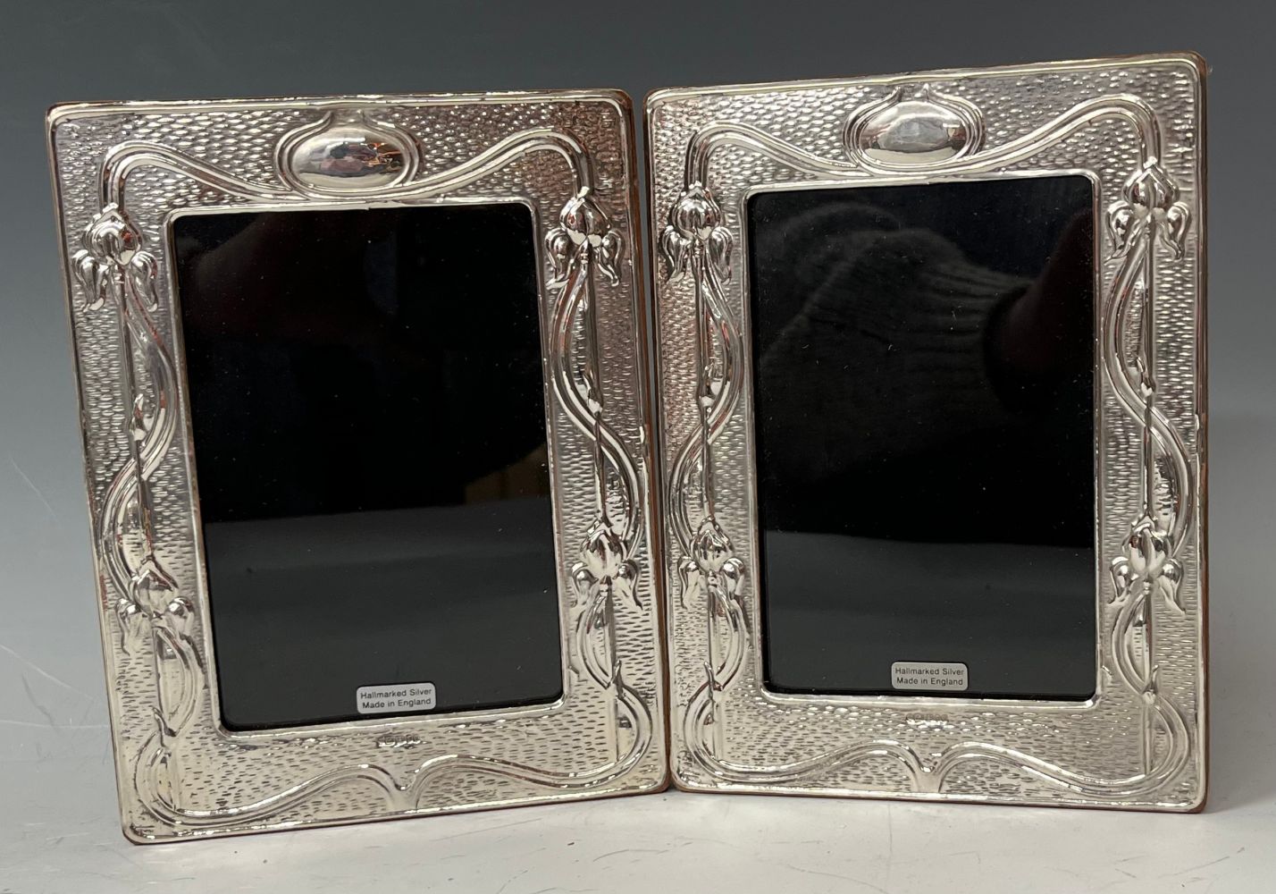 A pair of contemporary Art Nouveau style hallmarked silver photograph frames, wooden easel backs, - Image 2 of 2